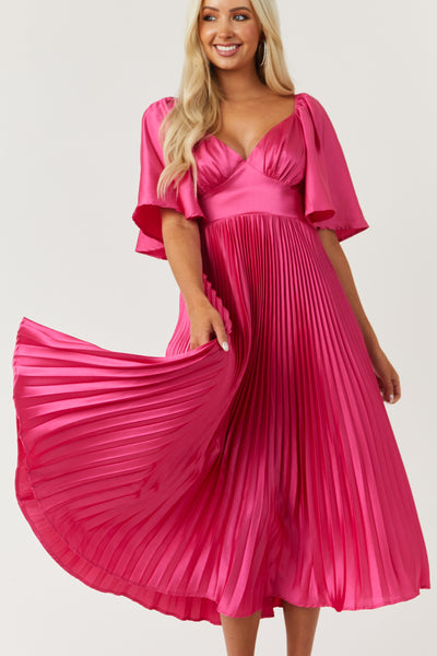 Hot Pink Bell Sleeve Pleated Satin Midi Dress