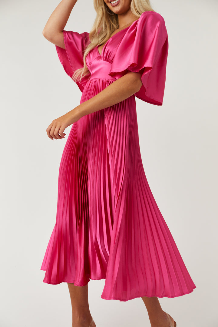 Hot Pink Bell Sleeve Pleated Satin Midi Dress