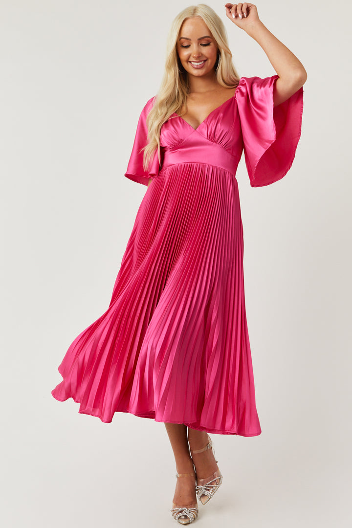 Hot Pink Bell Sleeve Pleated Satin Midi Dress