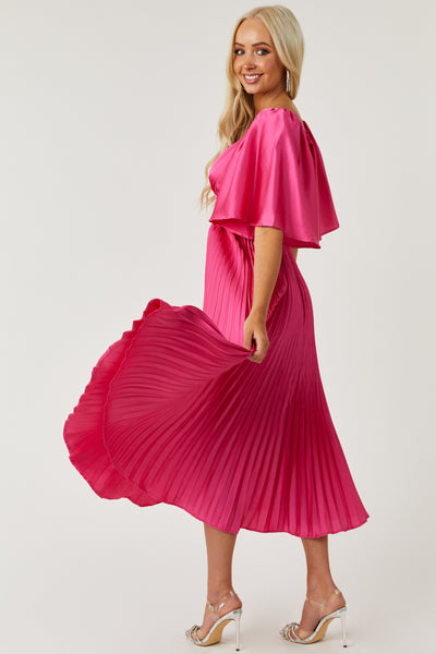 Hot Pink Bell Sleeve Pleated Satin Midi Dress