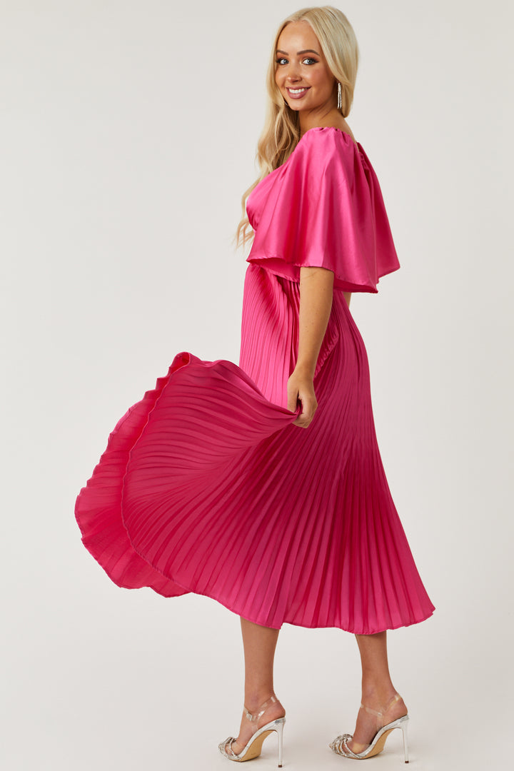 Hot Pink Bell Sleeve Pleated Satin Midi Dress