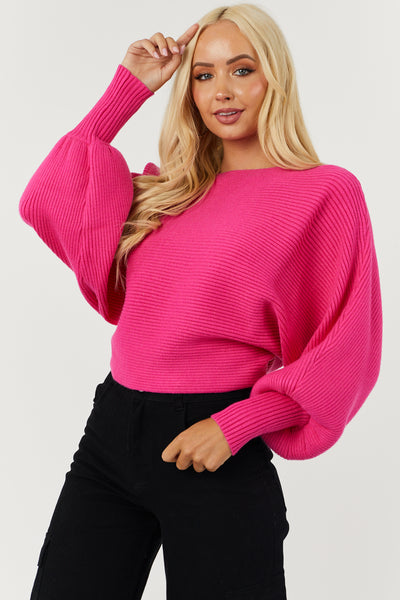 Hot Pink Boat Neckline Dolman Sleeve Sweater