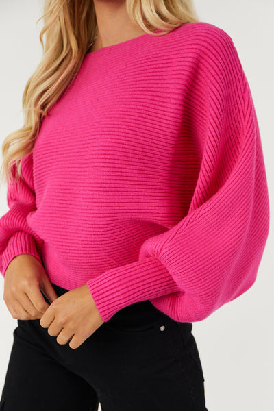 Hot Pink Boat Neckline Dolman Sleeve Sweater