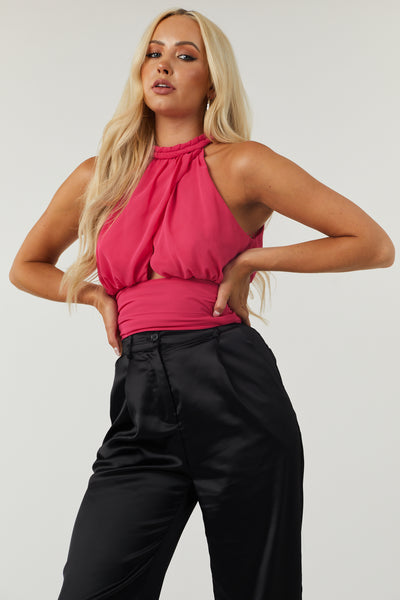 Hot Pink Braided Halter Neck Chest Cut Out Top