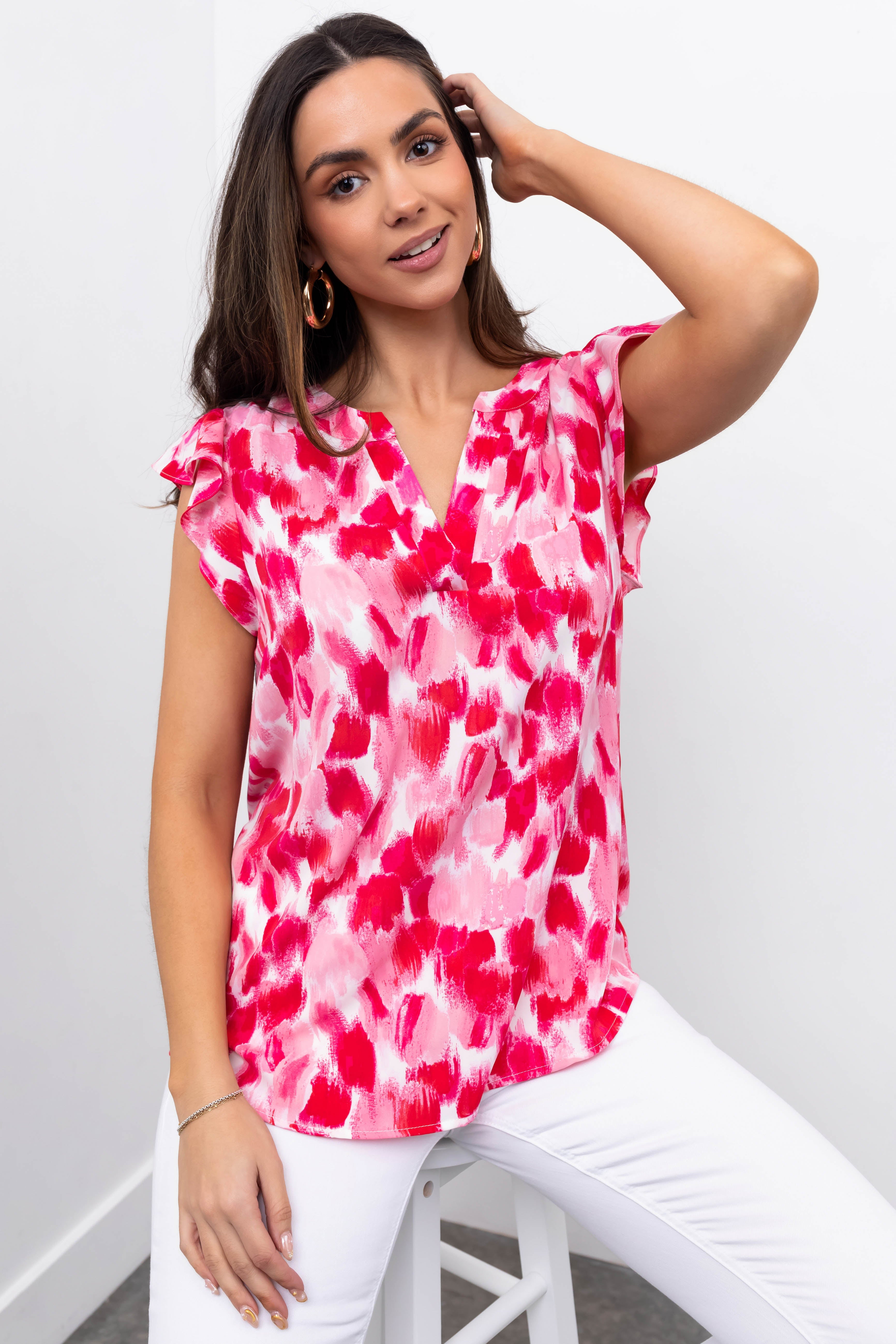Hot Pink Brush Stroke Notch Neck Ruffle Sleeve Top