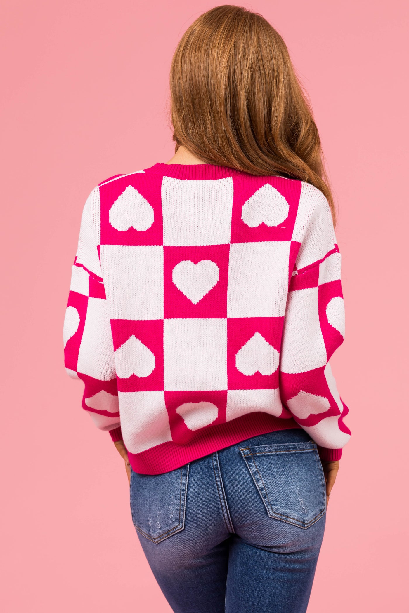 Hot Pink Checkered Heart Crew Neck Sweater