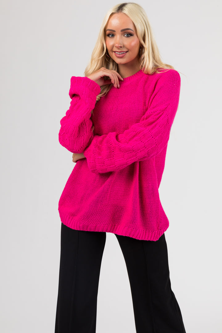Hot Pink Checkered Textured Sleeve Sweater