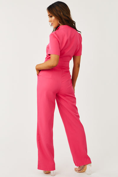 Hot Pink Collared Short Sleeve Wide Leg Jumpsuit