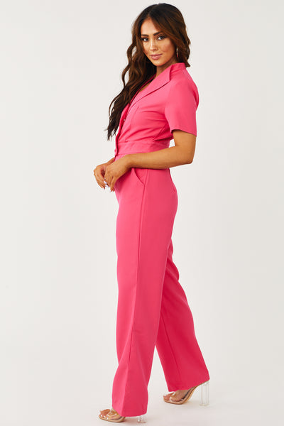 Hot Pink Collared Short Sleeve Wide Leg Jumpsuit