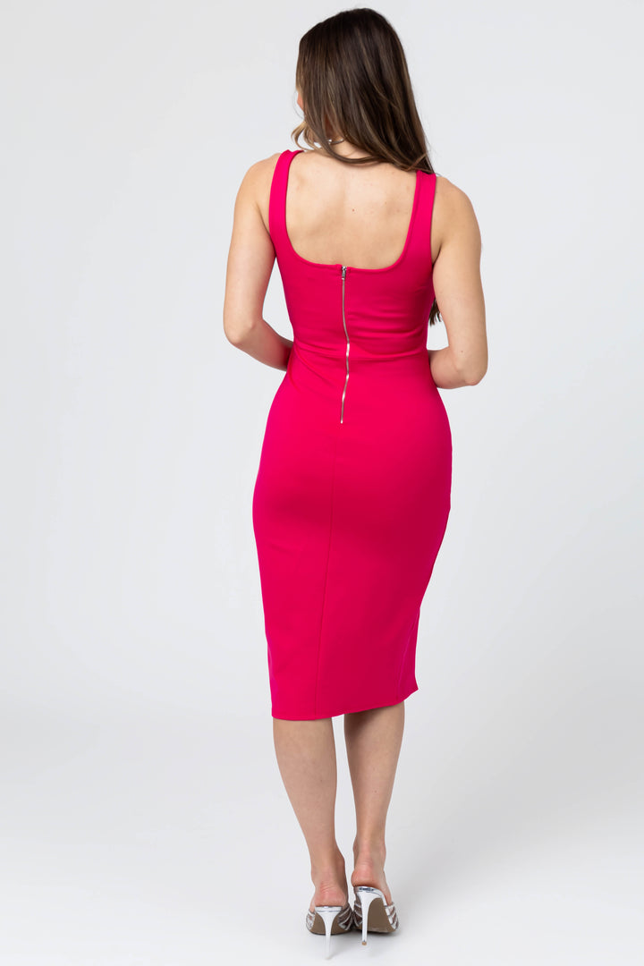 Hot Pink Corset Seam Sleeveless Midi Dress