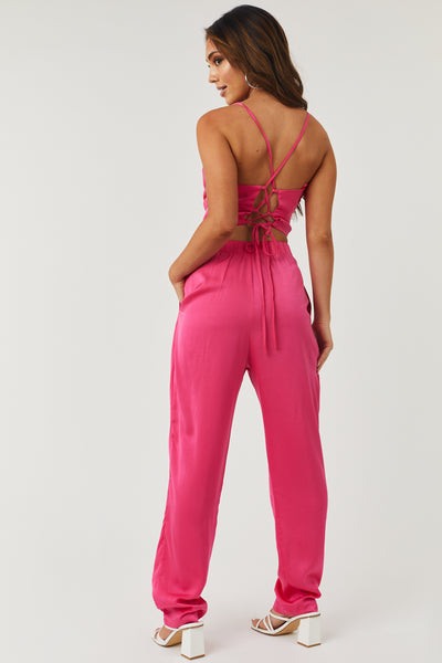 Hot Pink Cowl Neck Satin Crop Top and Pants Set