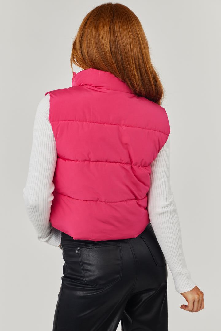 Hot Pink Drawstring Hem Zip Up Puffer Vest