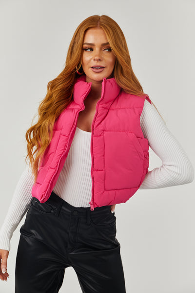 Hot Pink Drawstring Hem Zip Up Puffer Vest