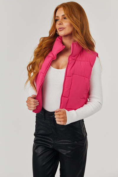 Hot Pink Drawstring Hem Zip Up Puffer Vest