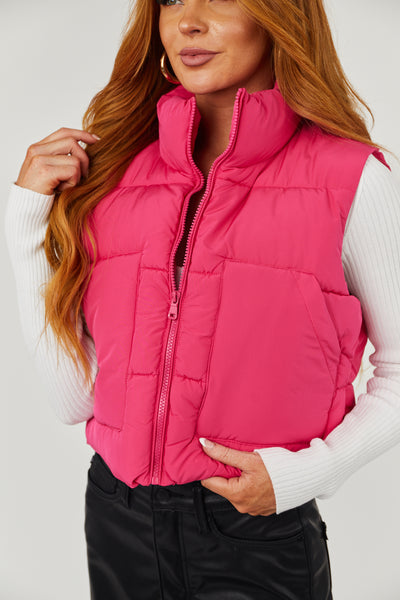 Hot Pink Drawstring Hem Zip Up Puffer Vest