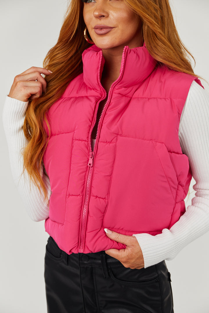Hot Pink Drawstring Hem Zip Up Puffer Vest