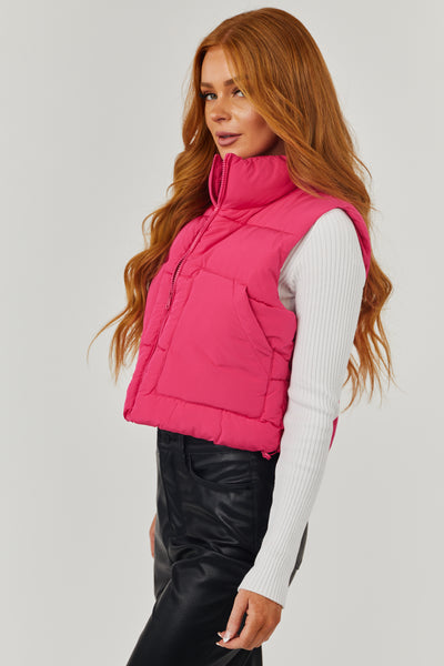 Hot Pink Drawstring Hem Zip Up Puffer Vest