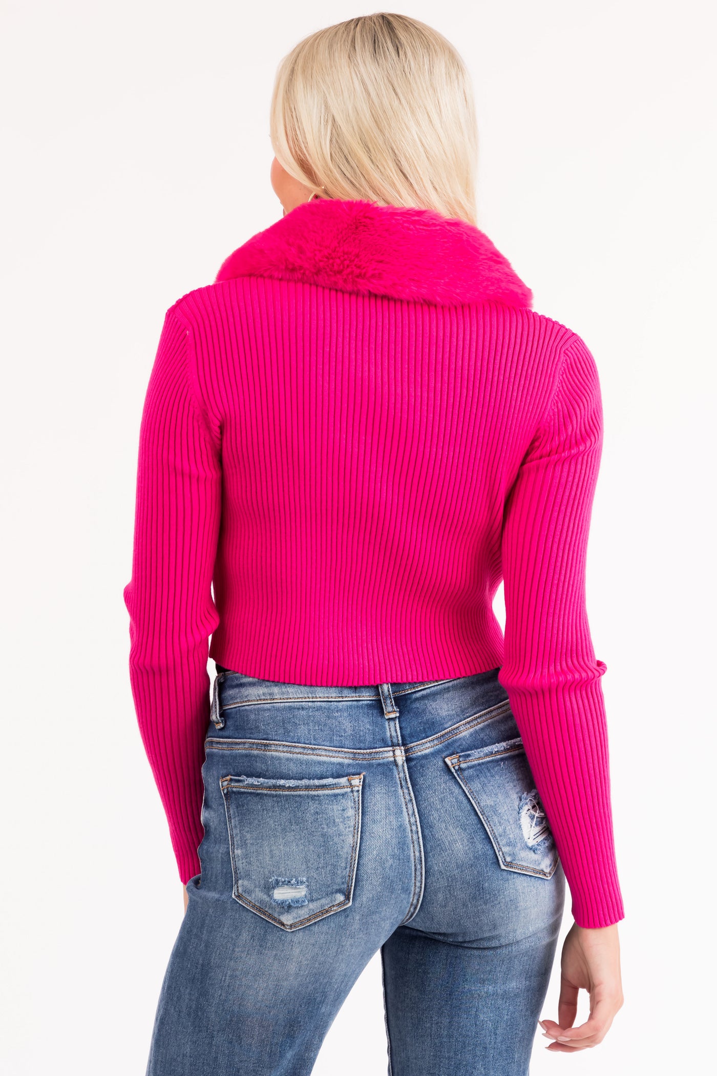 Hot Pink Faux Fur Collar Knit Sweater Cardigan
