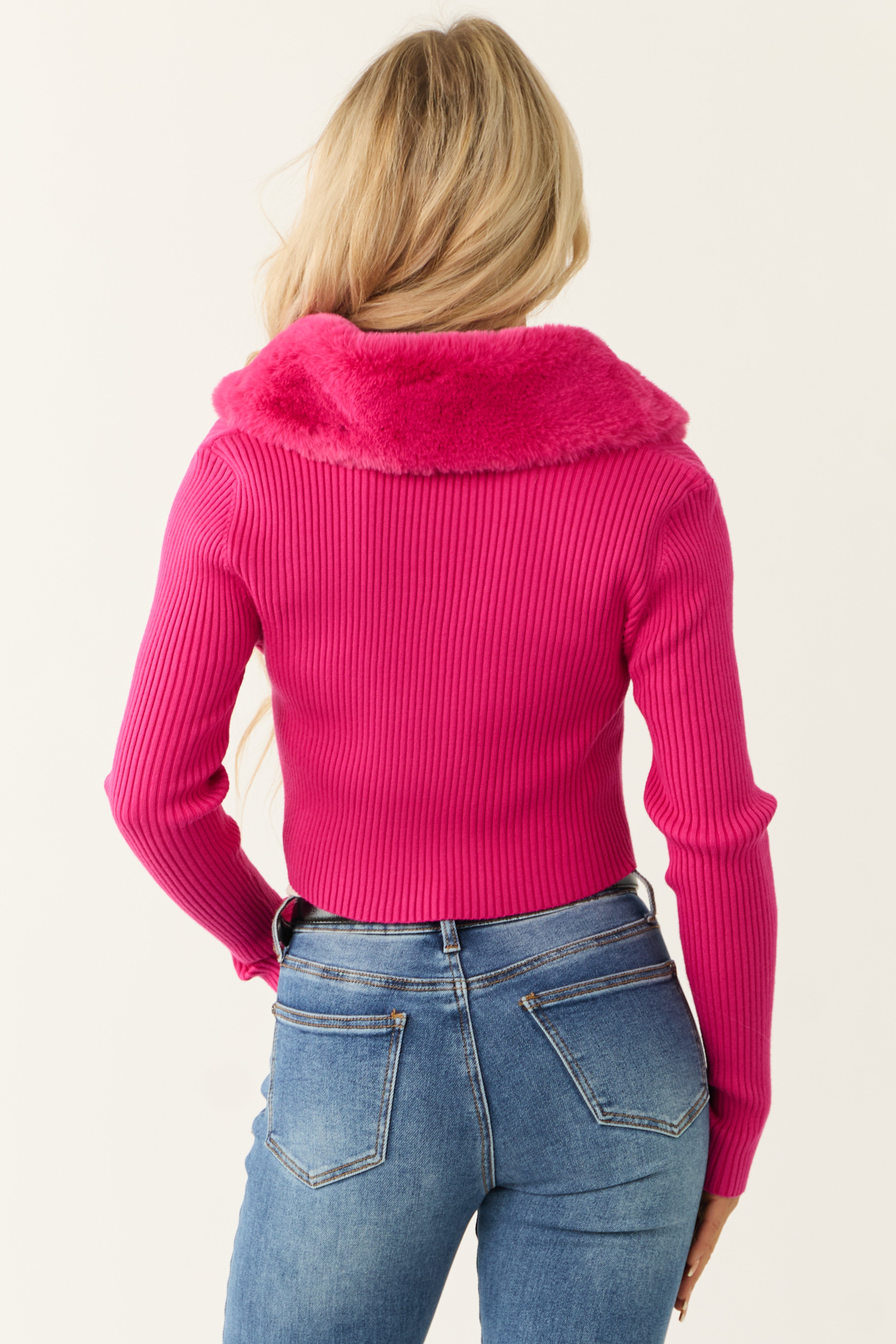 Hot Pink Faux Fur Collar Knit Sweater Cardigan | Lime Lush
