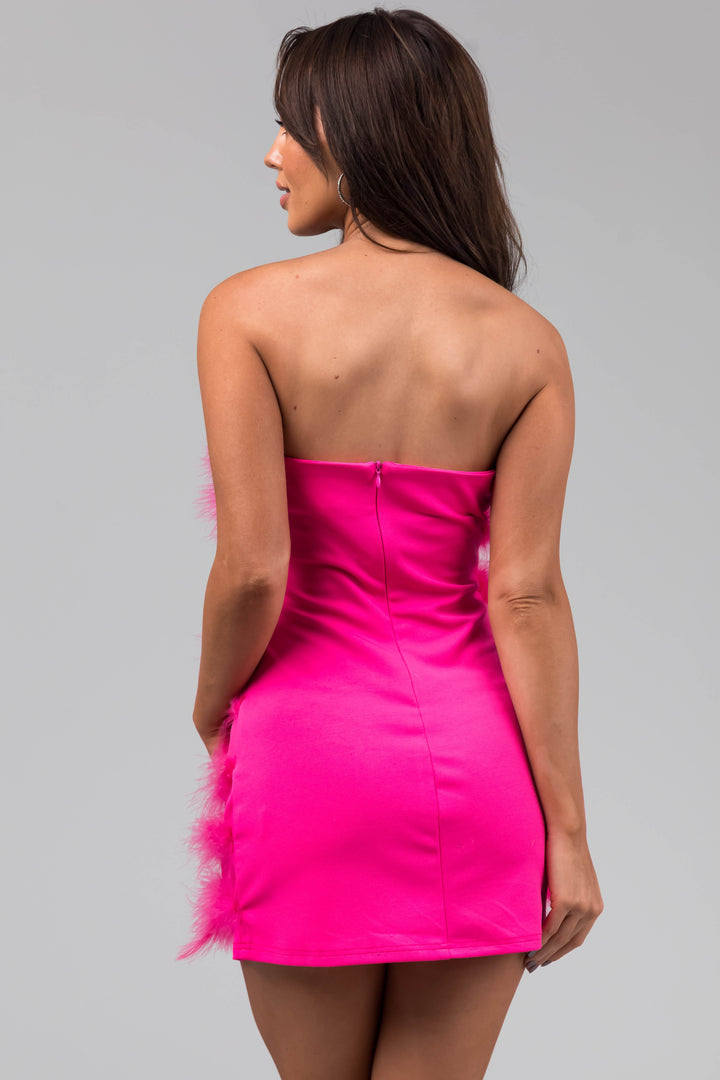 Hot Pink Faux Fur Strapless Mini Dress