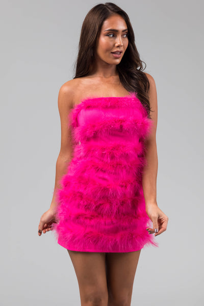 Hot Pink Faux Fur Strapless Mini Dress