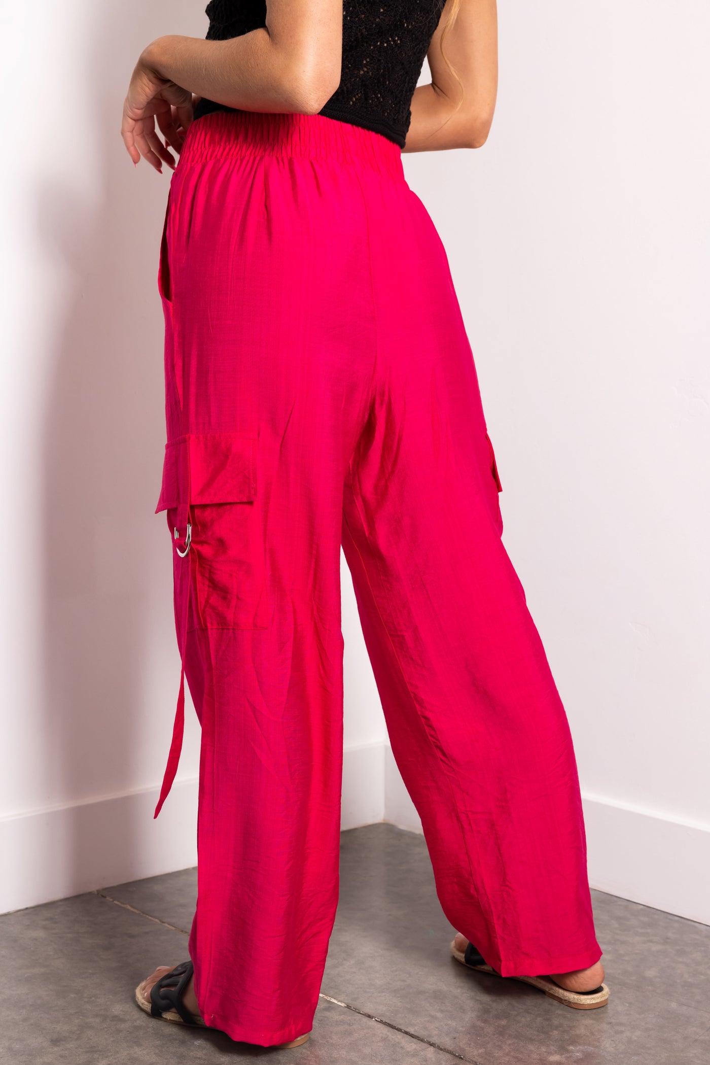 Hot Pink Faux Linen Wide Leg Cargo Pants
