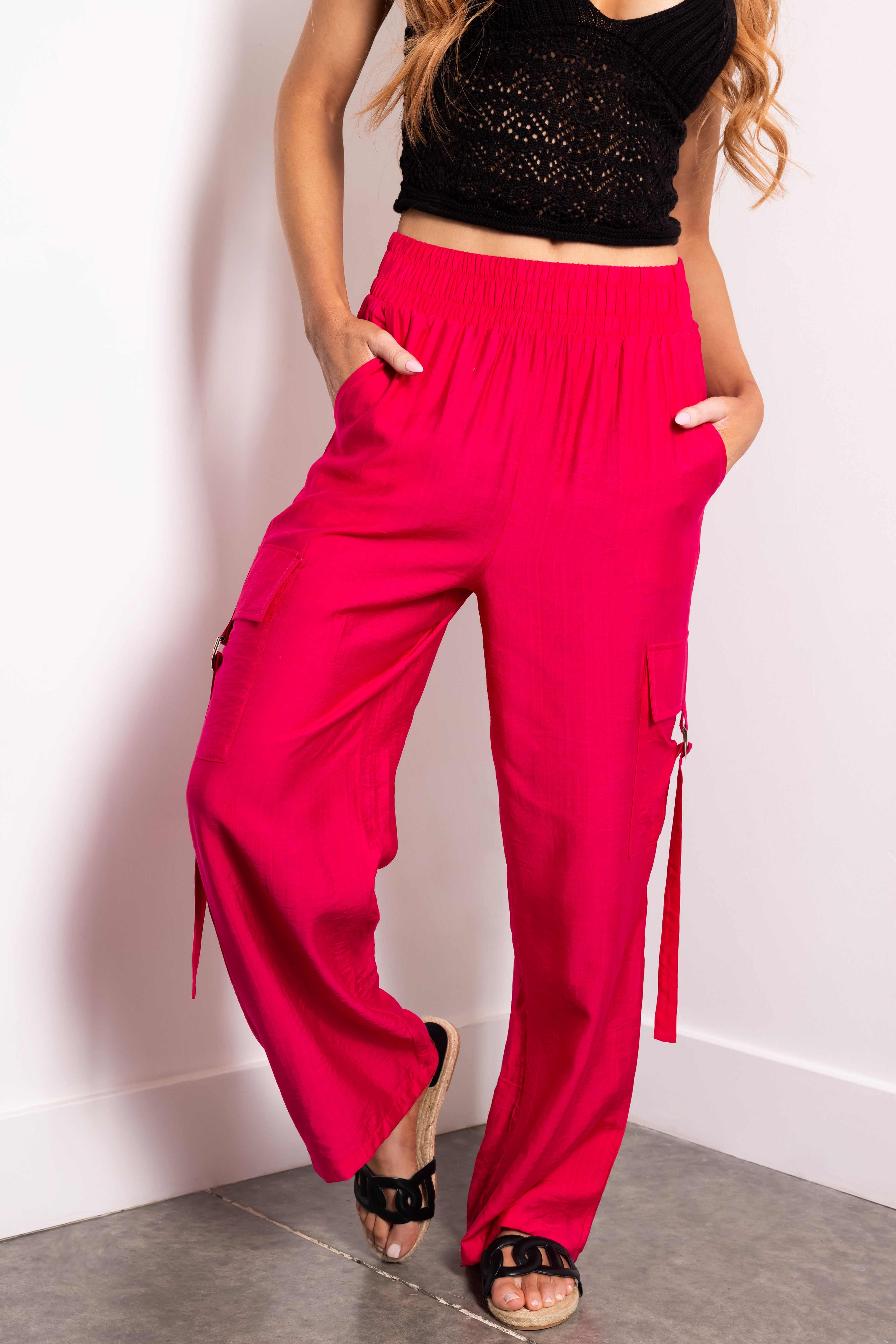 Hot Pink Faux Linen Wide Leg Cargo Pants | Lime Lush Boutique