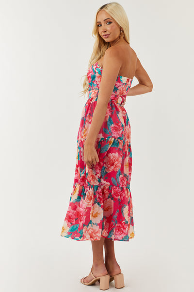 Hot Pink Floral Print Strapless Tiered Midi Dress
