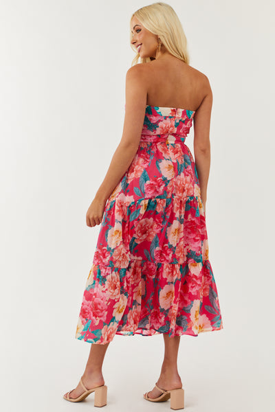 Hot Pink Floral Print Strapless Tiered Midi Dress