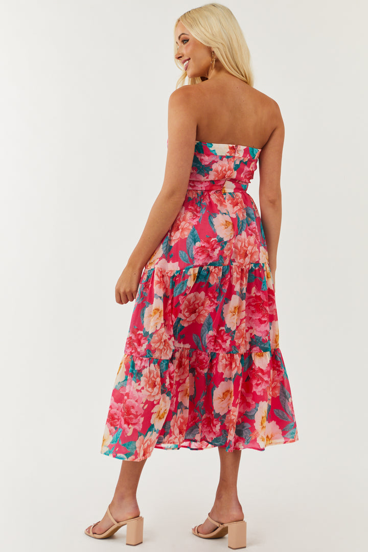 Hot Pink Floral Print Strapless Tiered Midi Dress