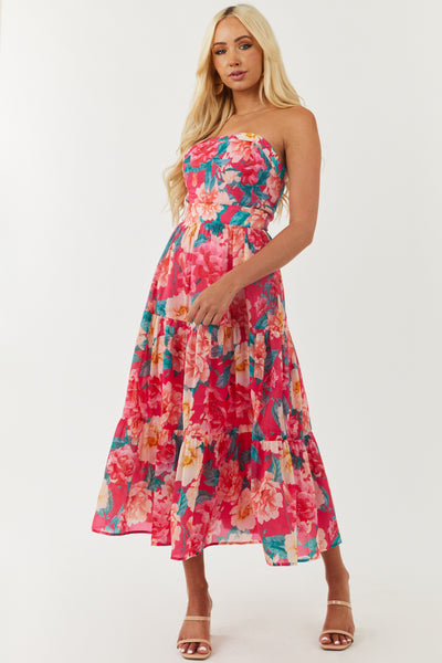 Hot Pink Floral Print Strapless Tiered Midi Dress