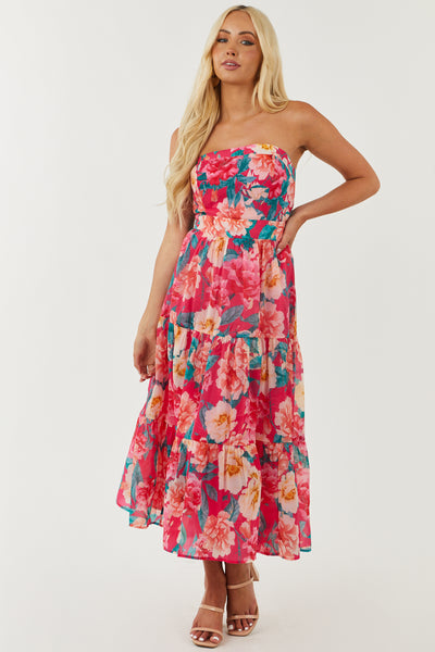 Hot Pink Floral Print Strapless Tiered Midi Dress