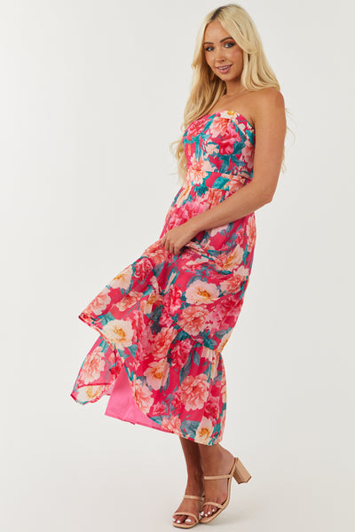 Hot Pink Floral Print Strapless Tiered Midi Dress