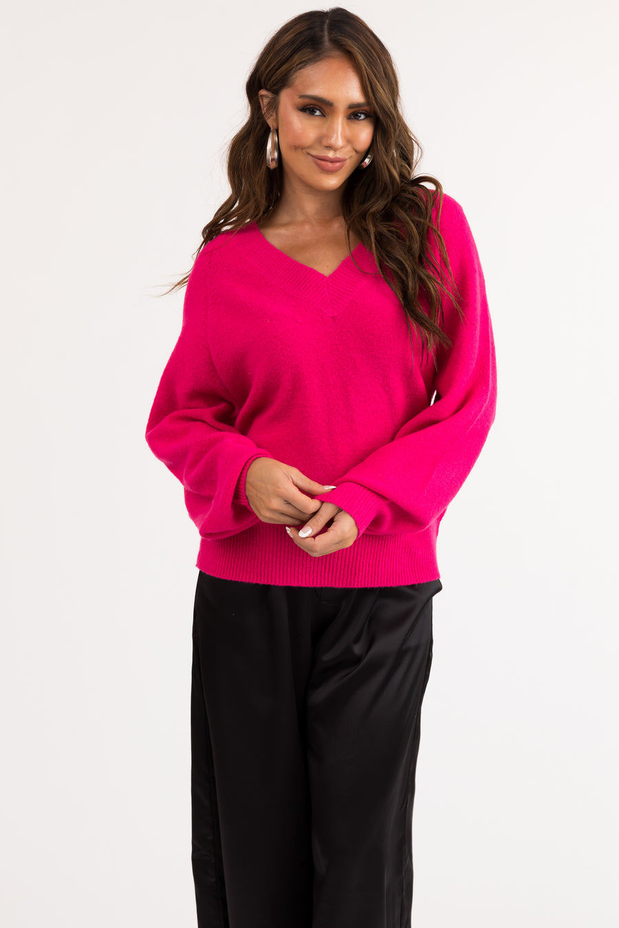 Hot Pink Fuzzy V Neck Sweater