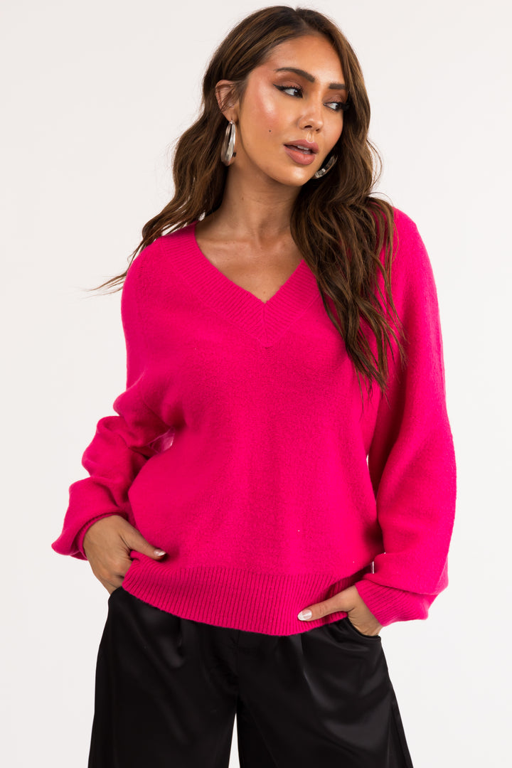Hot Pink Fuzzy V Neck Sweater