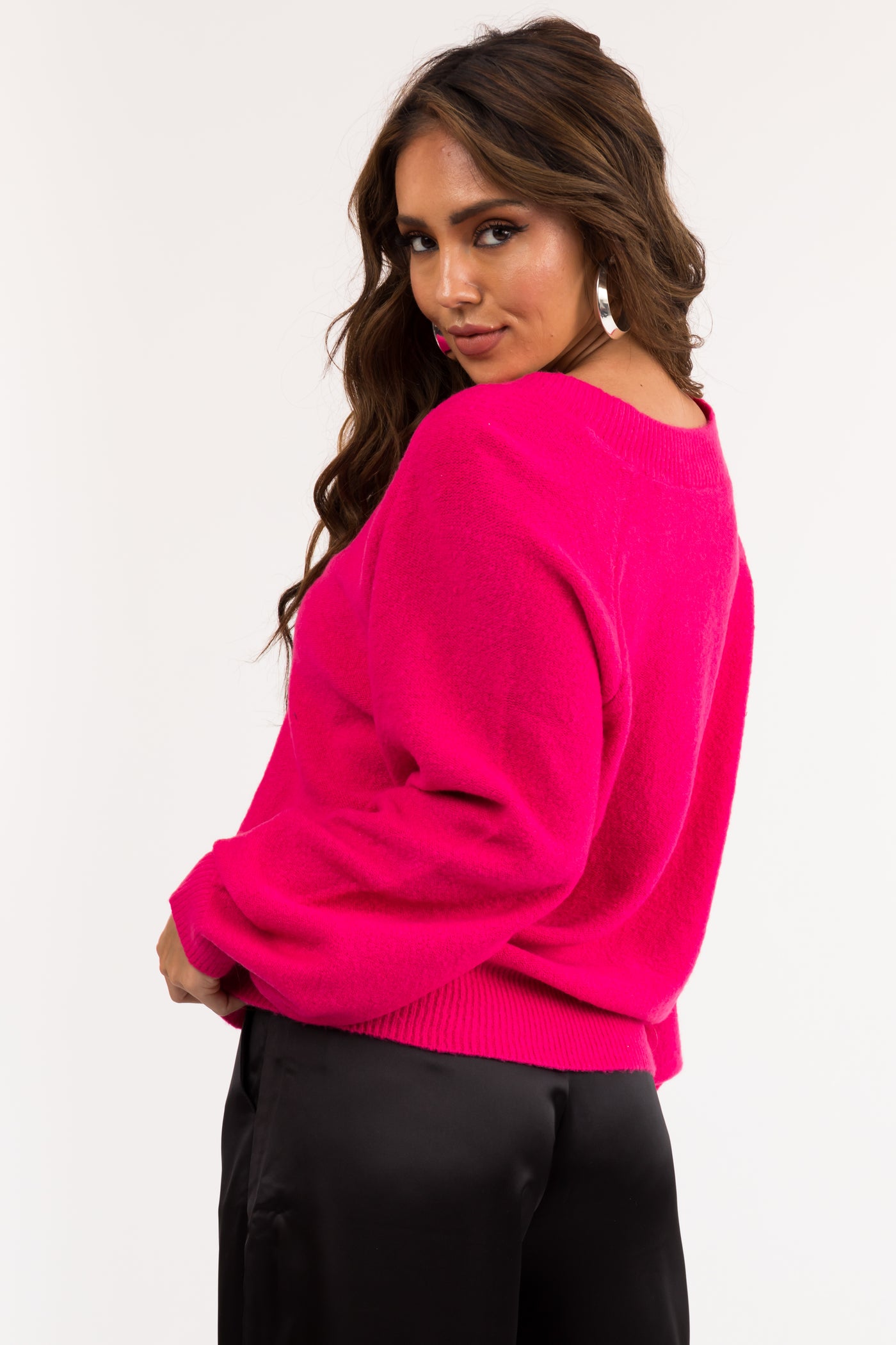 Hot Pink Fuzzy V Neck Sweater Lime Lush