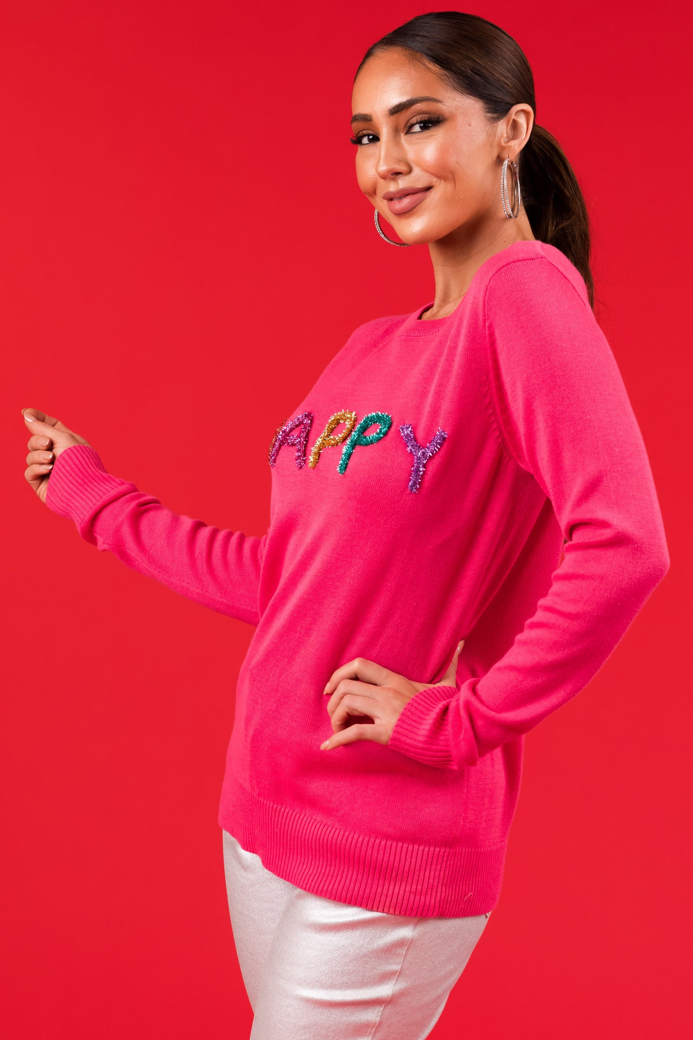 Hot Pink 'Happy' Tinsel Lettering Sweater Lime Lush
