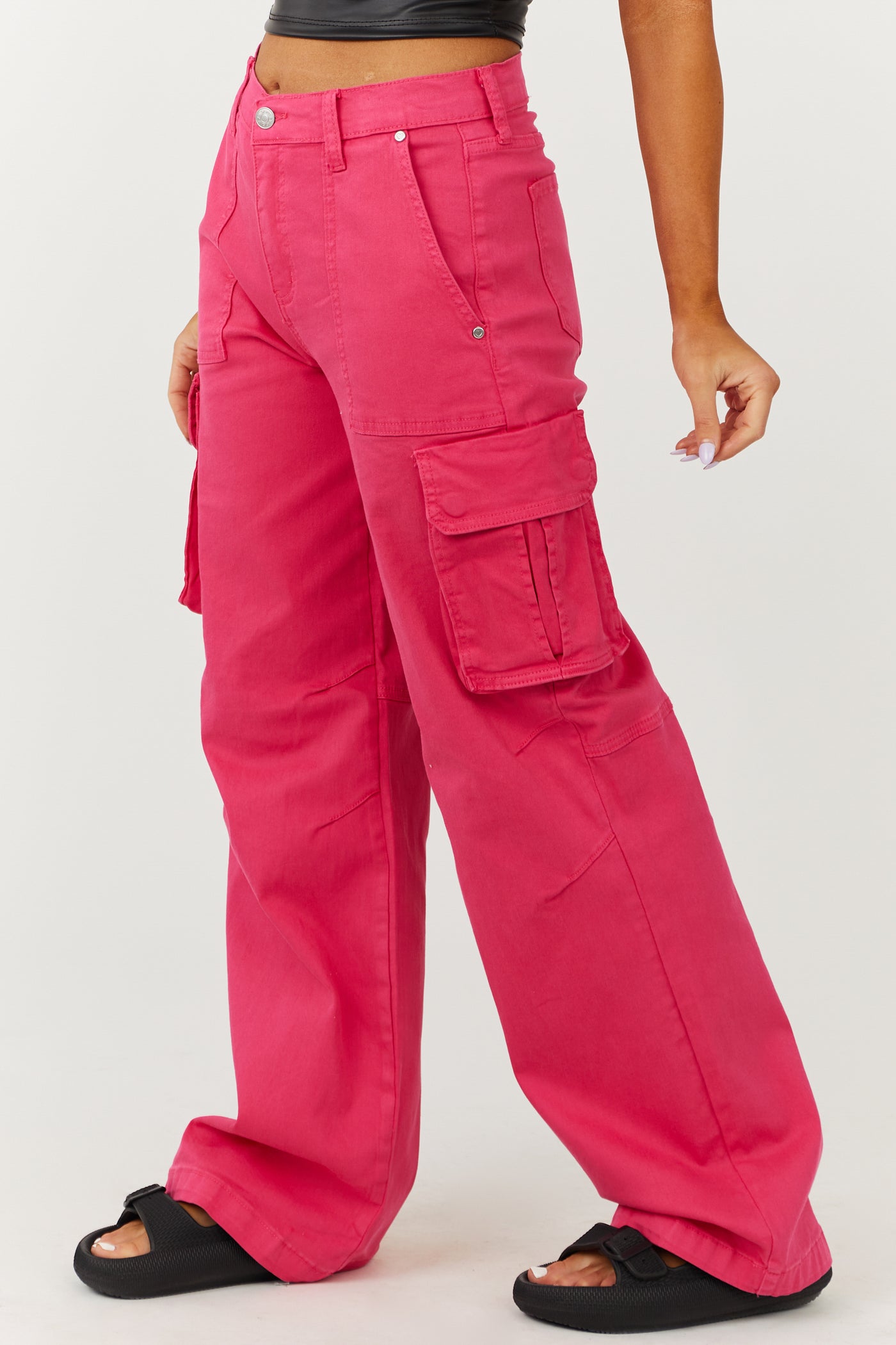 Hot Pink High Rise Wide Leg Denim Cargo Pants