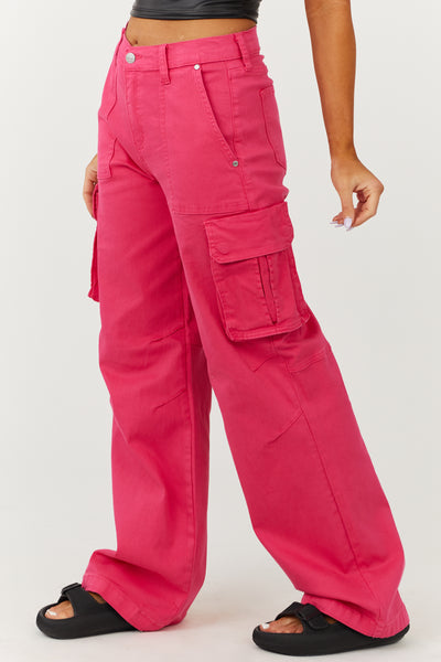 Hot Pink High Rise Wide Leg Denim Cargo Pants
