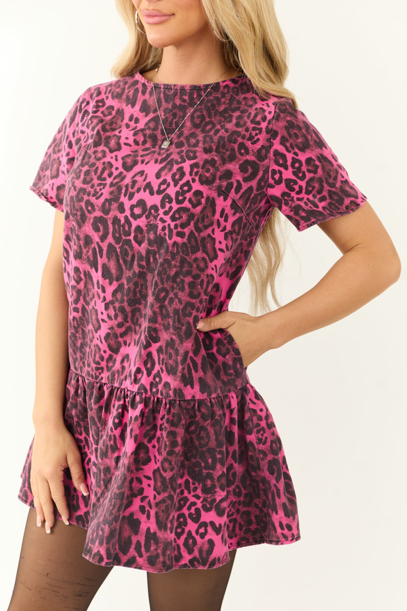 Hot Pink Leopard Print Drop Waist Denim Short Dress Hot Pink Leopard Print Drop Waist Denim Short Dress