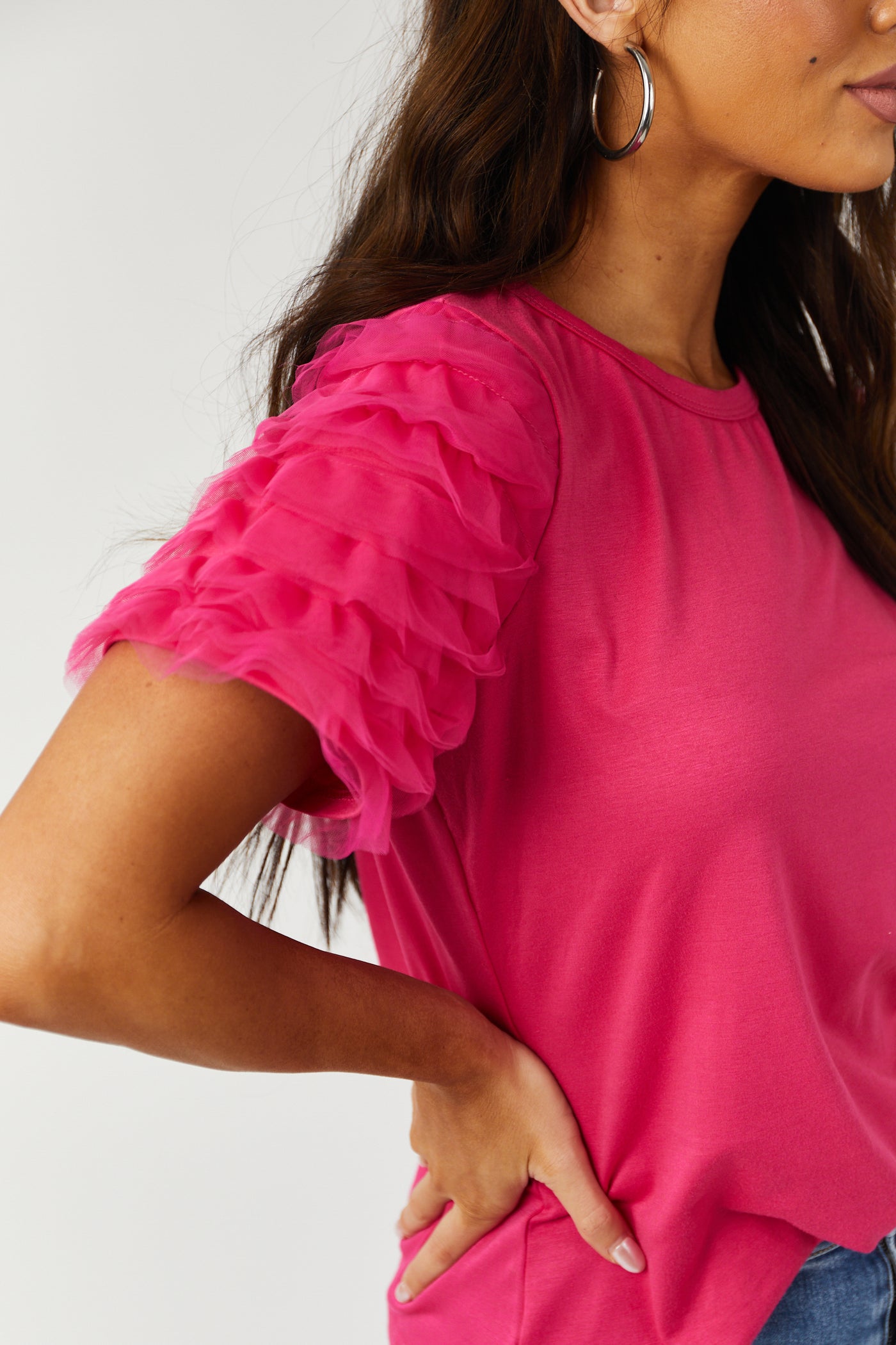 Hot Pink Mesh Ruffled Short Sleeve Knit Top