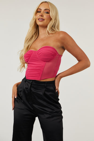Hot Pink Mesh Strapless Corset Crop Top