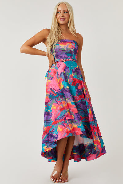 Hot Pink Multicolor Abstract Strapless Dress