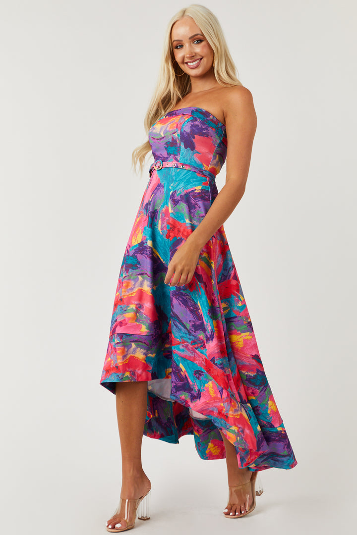 Hot Pink Multicolor Abstract Strapless Dress