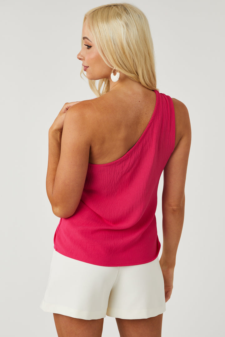 Hot Pink One Shoulder Knot Detail Woven Top