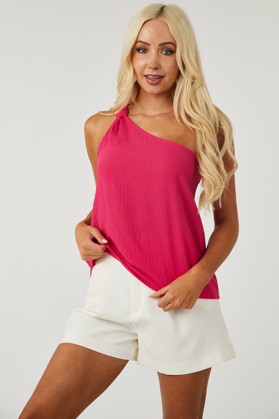 Hot Pink One Shoulder Knot Detail Woven Top