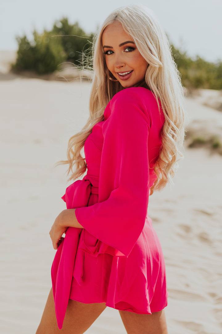 Hot Pink One Shoulder Waist Tie Woven Romper