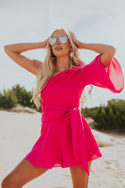 Hot Pink One Shoulder Waist Tie Woven Romper
