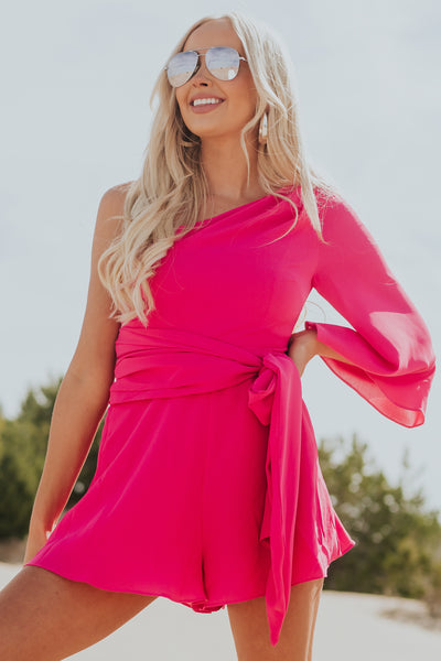 Hot Pink One Shoulder Waist Tie Woven Romper