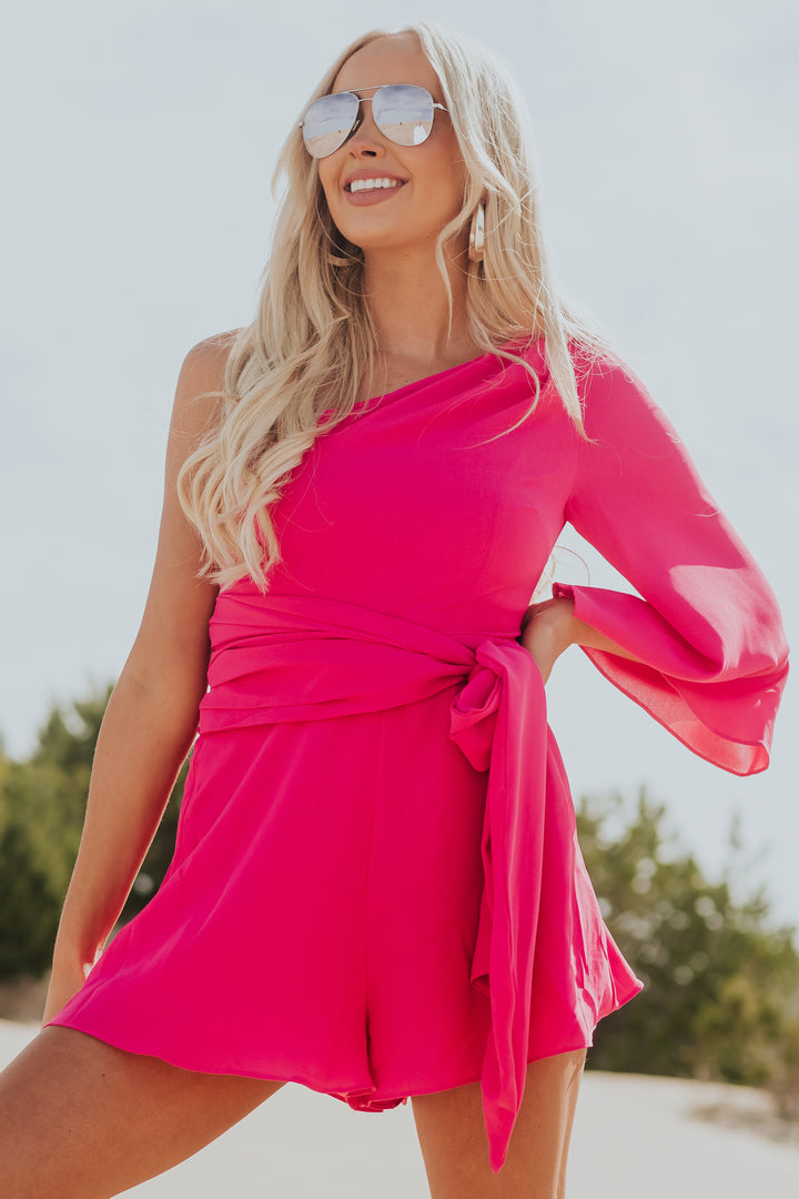 Hot Pink One Shoulder Waist Tie Woven Romper